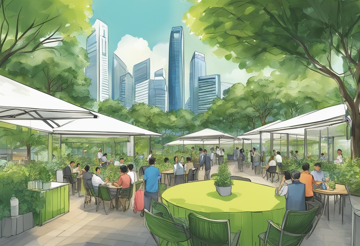 The bustling city of Singapore, with its iconic skyline and lush greenery, serves as the backdrop for the launch of the "Frequently Asked Questions Singapore Green Plan." The event takes place in a modern, eco-friendly venue, with attendees engaging in lively
