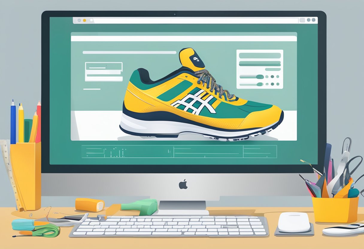 A computer screen displaying a website with a variety of running shoes, a ruler, and a piece of paper with foot measurements