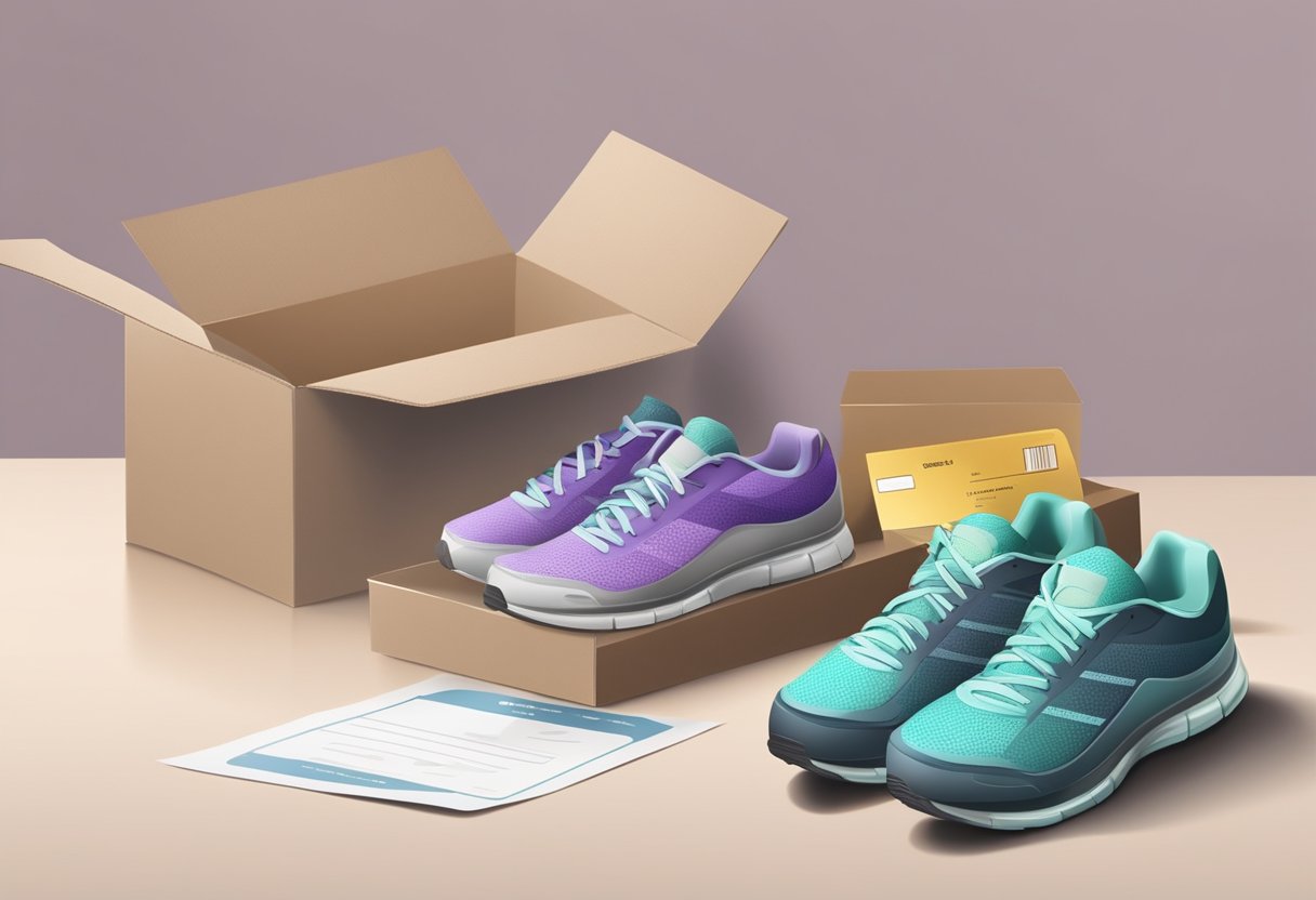 A pair of running shoes being returned in its original packaging, with a warranty card and receipt included. Online shopping website displayed in the background