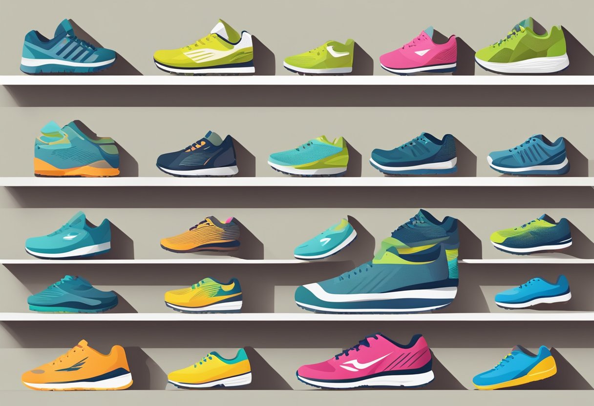 A variety of running shoes in different sizes and fits displayed on shelves with a sizing chart and measuring tool nearby