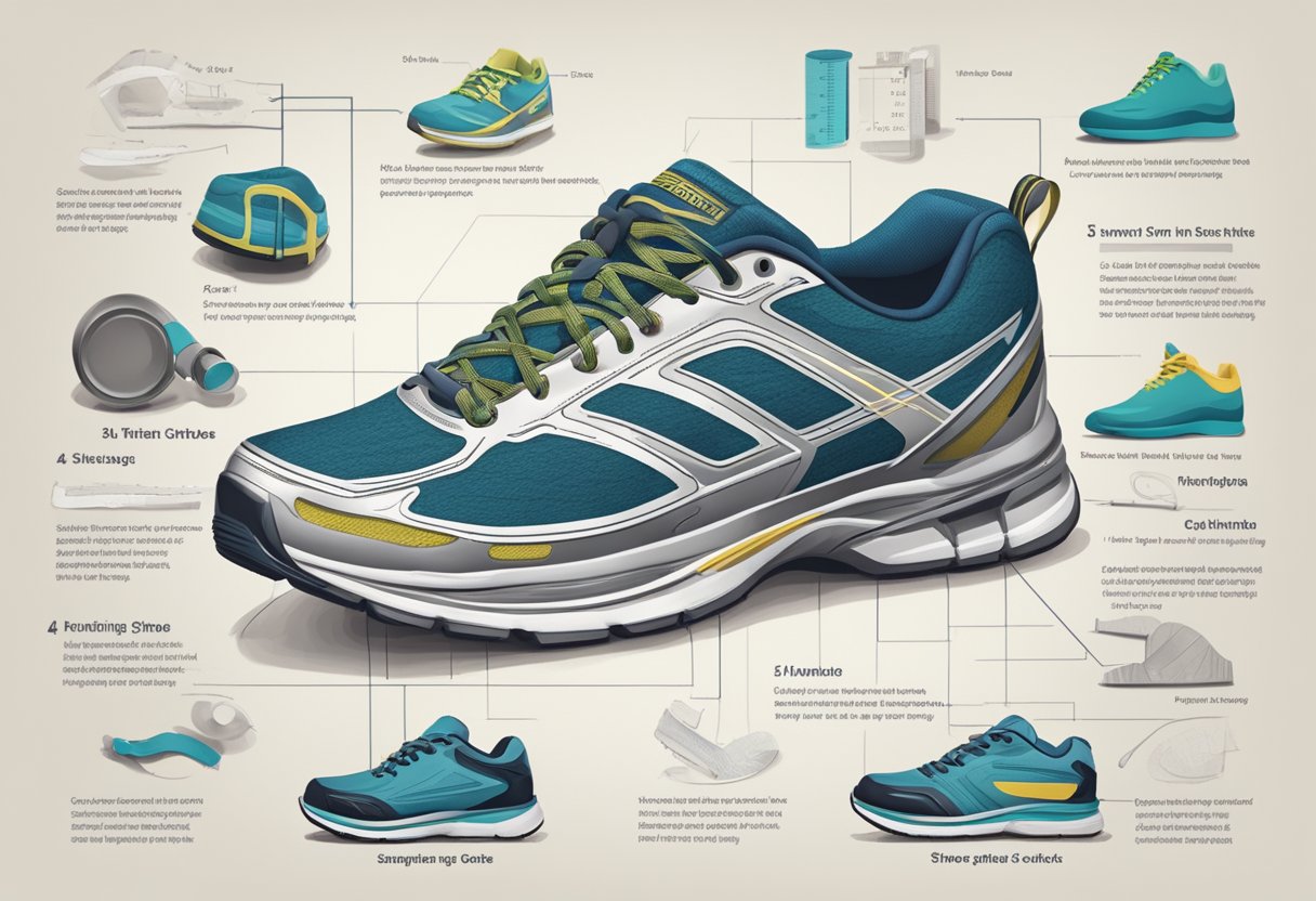 A running shoe placed on a sizing chart, surrounded by various measuring tools and a detailed guide on shoe fit fundamentals