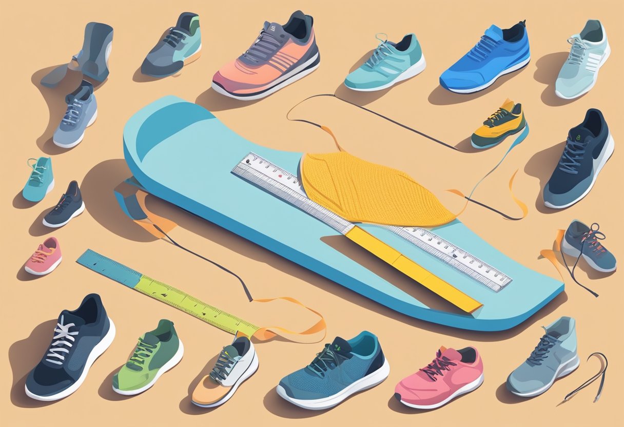 A foot being measured with a ruler on a flat surface, surrounded by different shoe sizes and a running shoe