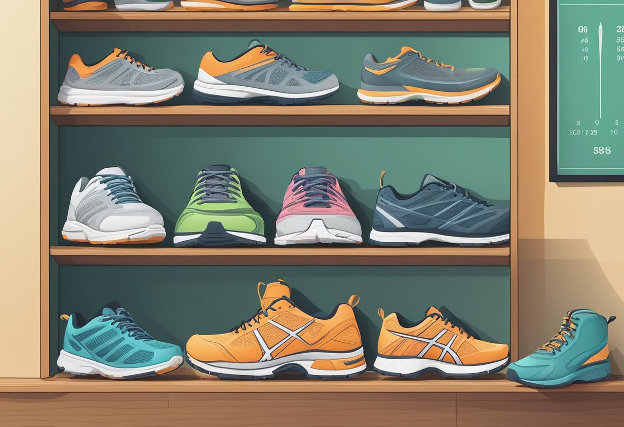 A variety of running shoes in different sizes and widths displayed on a shelf with a sizing chart and measuring tool nearby