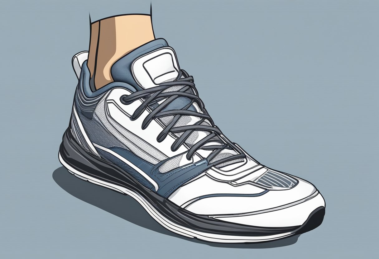 A foot stepping into a running shoe, with space between the toes and the end of the shoe. The heel is snugly held in place, and the sides of the shoe comfortably hug the foot