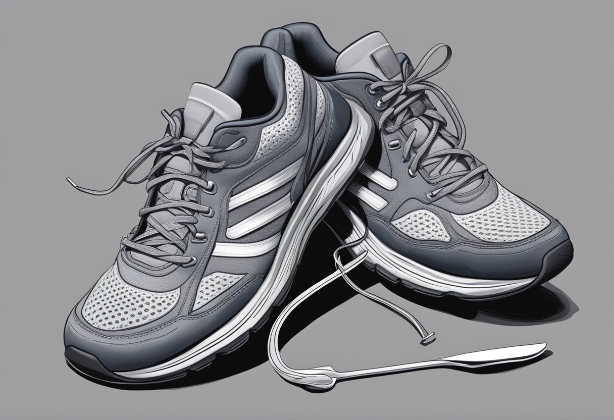 A pair of running shoes placed on a soft surface with a shoehorn and a pair of thick socks nearby. The shoes show signs of wear and have been laced up loosely