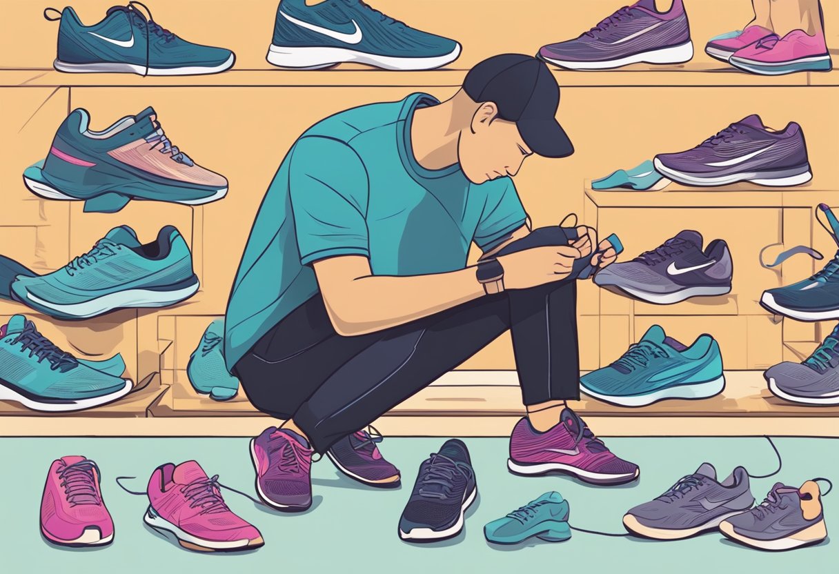 A runner lacing up new shoes, surrounded by various pairs to choose from, with a guide on how to break them in