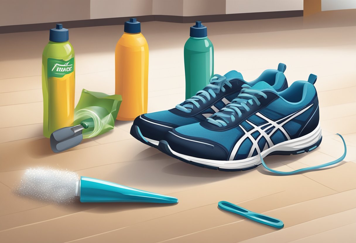 A pair of running shoes placed on the floor, with a hand reaching down to untie the laces. A shoe horn and a bottle of shoe spray sit nearby