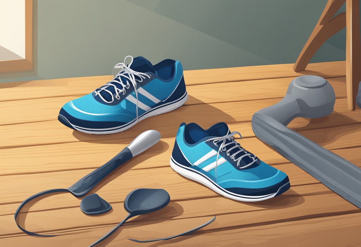 A pair of running shoes placed on a wooden floor, with a shoe horn and a thick pair of socks nearby