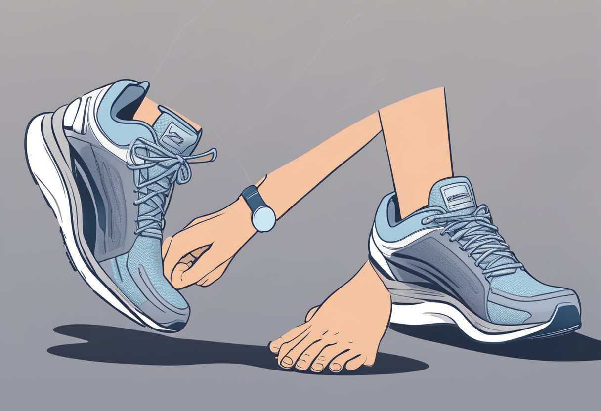 A pair of running shoes being gently stretched and flexed, with a person's feet in motion. Nearby, a list of tips and tricks for breaking in the shoes