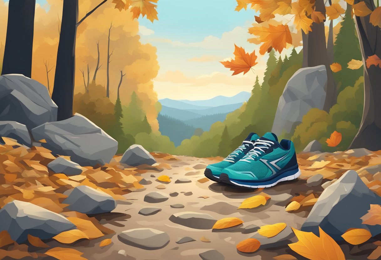 A pair of running shoes placed next to a footstep on a trail, surrounded by scattered rocks and fallen leaves, with a distant view of a winding path through a forest