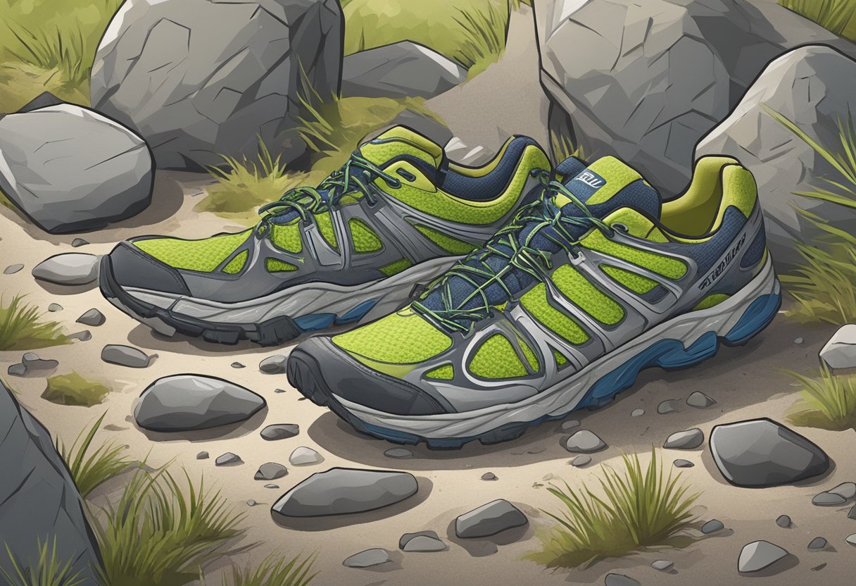 A pair of running shoes placed next to a trail with rocks and branches, highlighting the need for proper footwear to prevent injuries while running