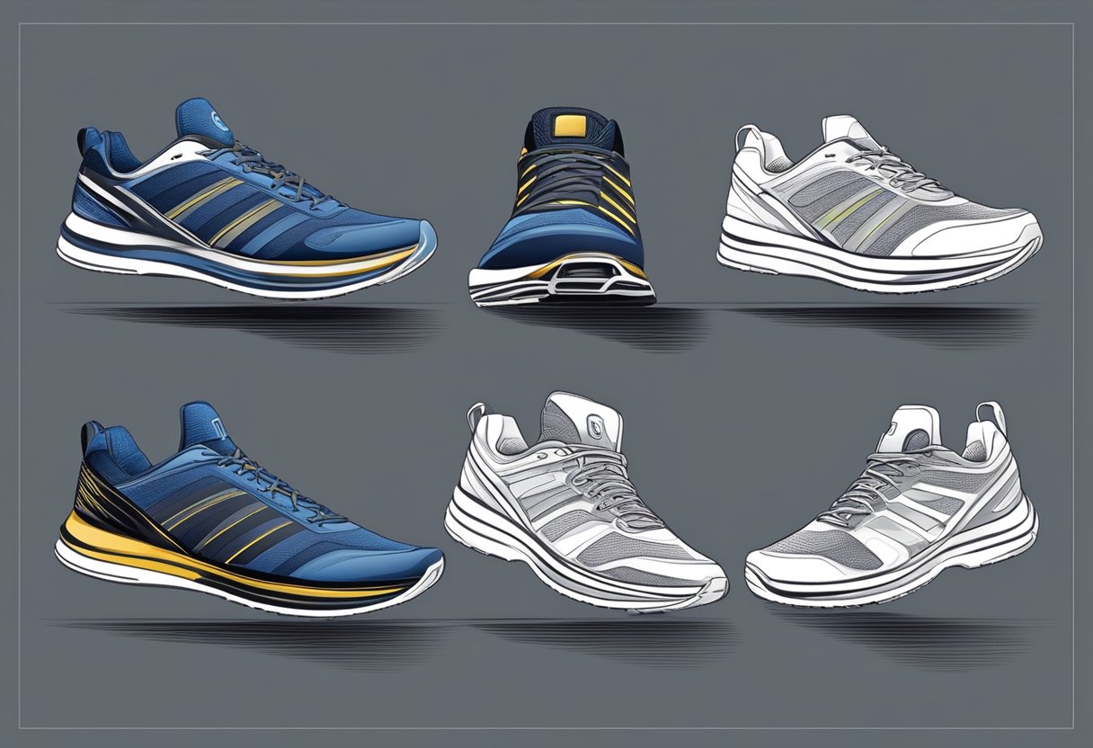 Running shoes with reflective strips and cushioned soles. Traction patterns on the outsole for grip. Reinforced toe cap for protection