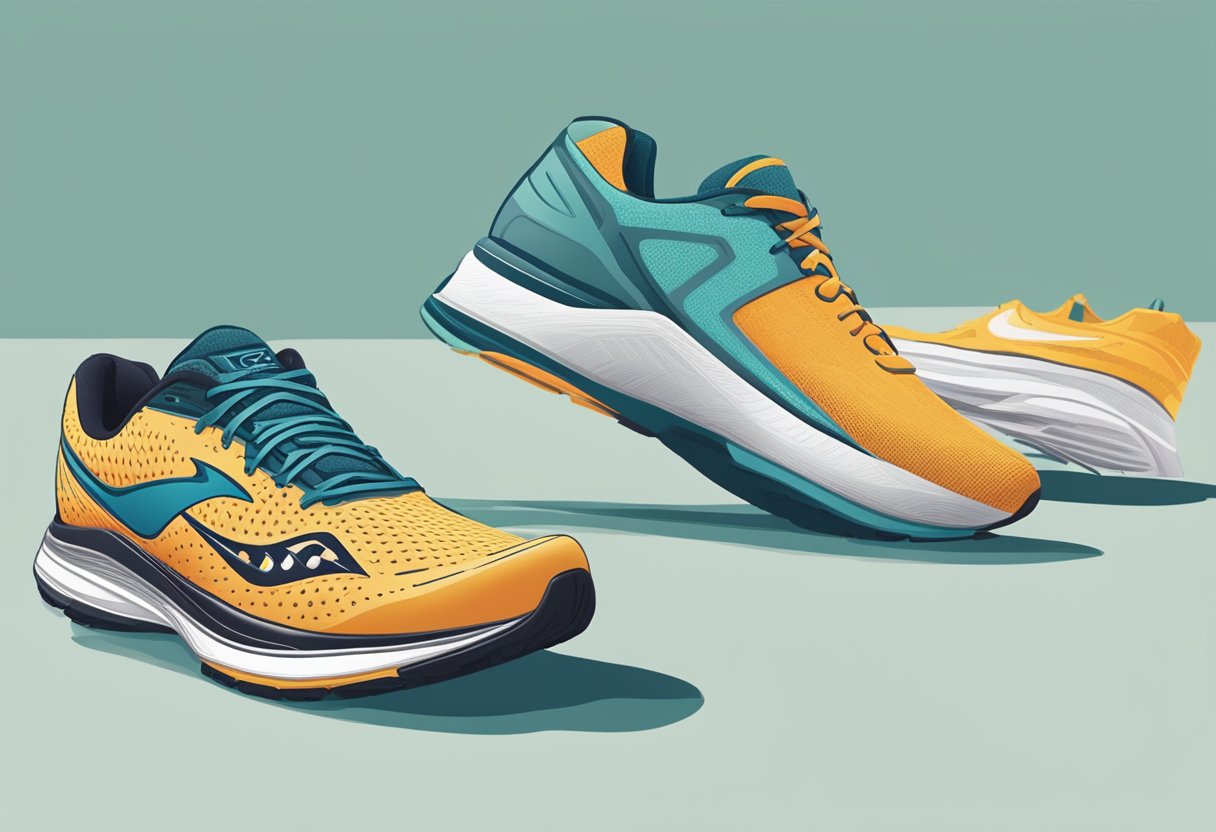 A pair of regular shoes next to a pair of running shoes, with a visible difference in cushioning and support. The running shoes have a more structured and cushioned sole, while the regular shoes appear flatter and less supportive