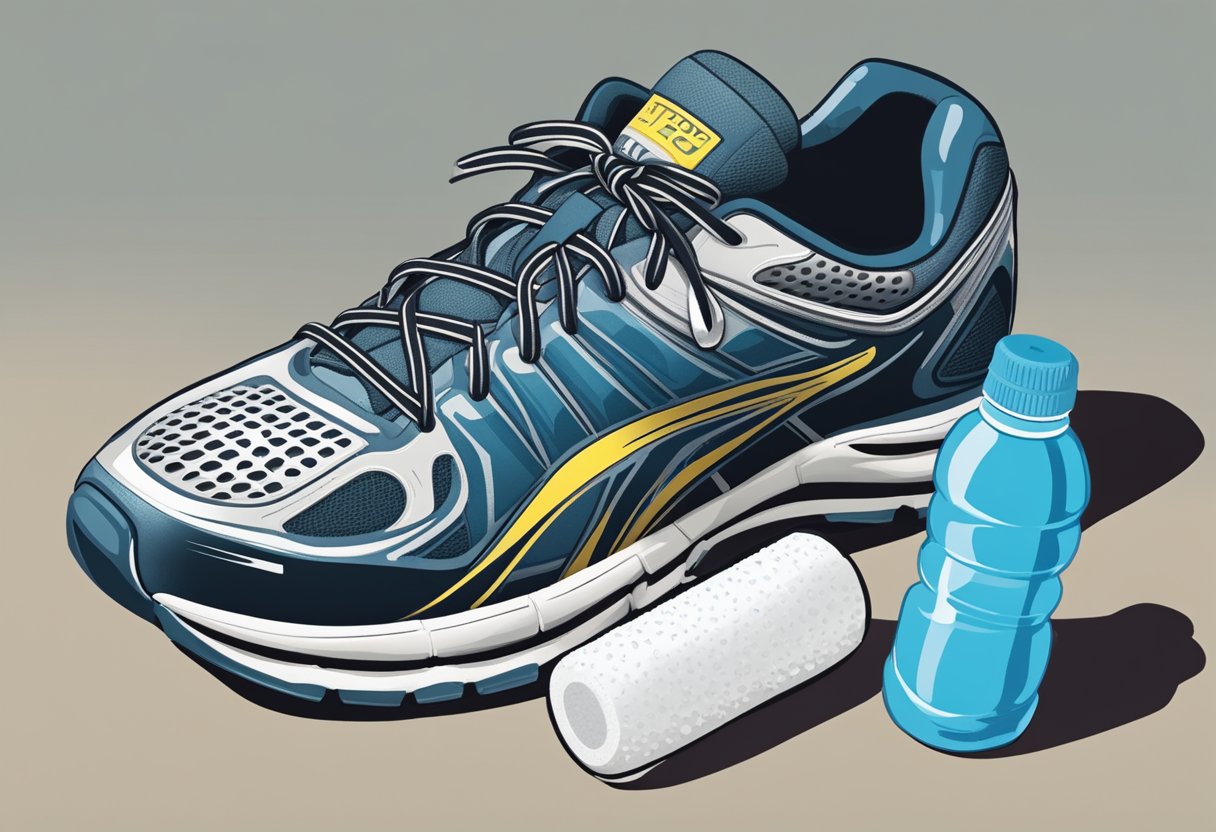 A pair of well-worn running shoes sits next to a foam roller and water bottle, highlighting the importance of proper care and maintenance for injury prevention