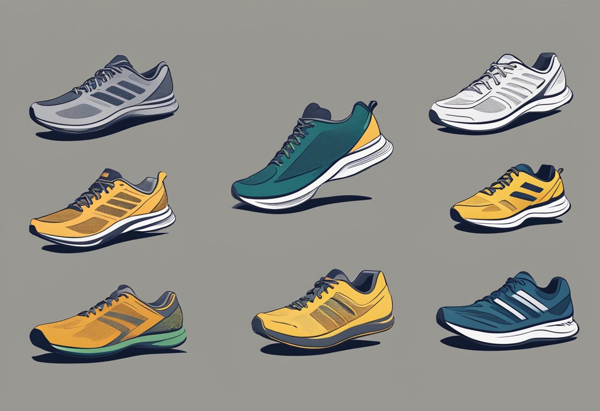 Different running shoes: minimalist for natural feel, stability for overpronation, cushioned for impact protection. Scene: shoes displayed with corresponding terrain (trail, road, track)