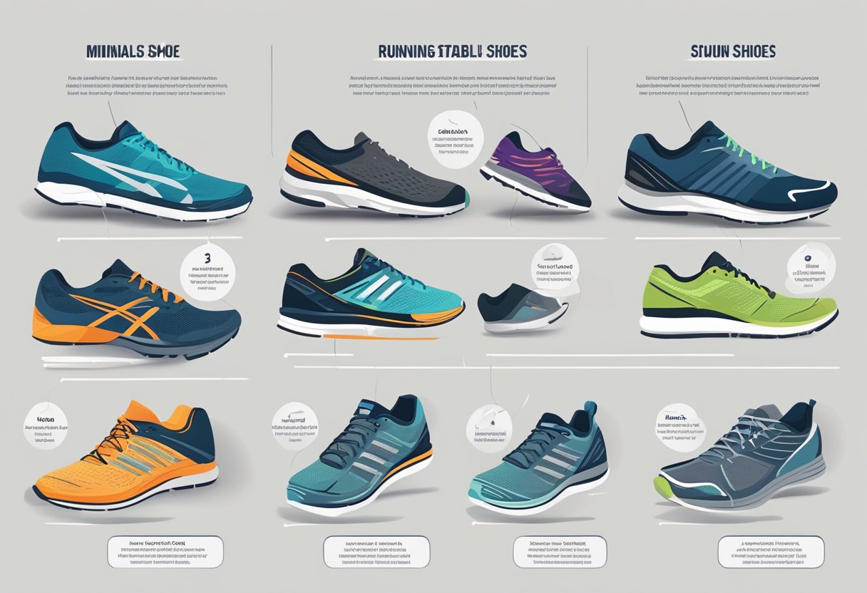 A display of various running shoes, including stability, cushioned, and minimalist styles, with labels indicating their ideal use