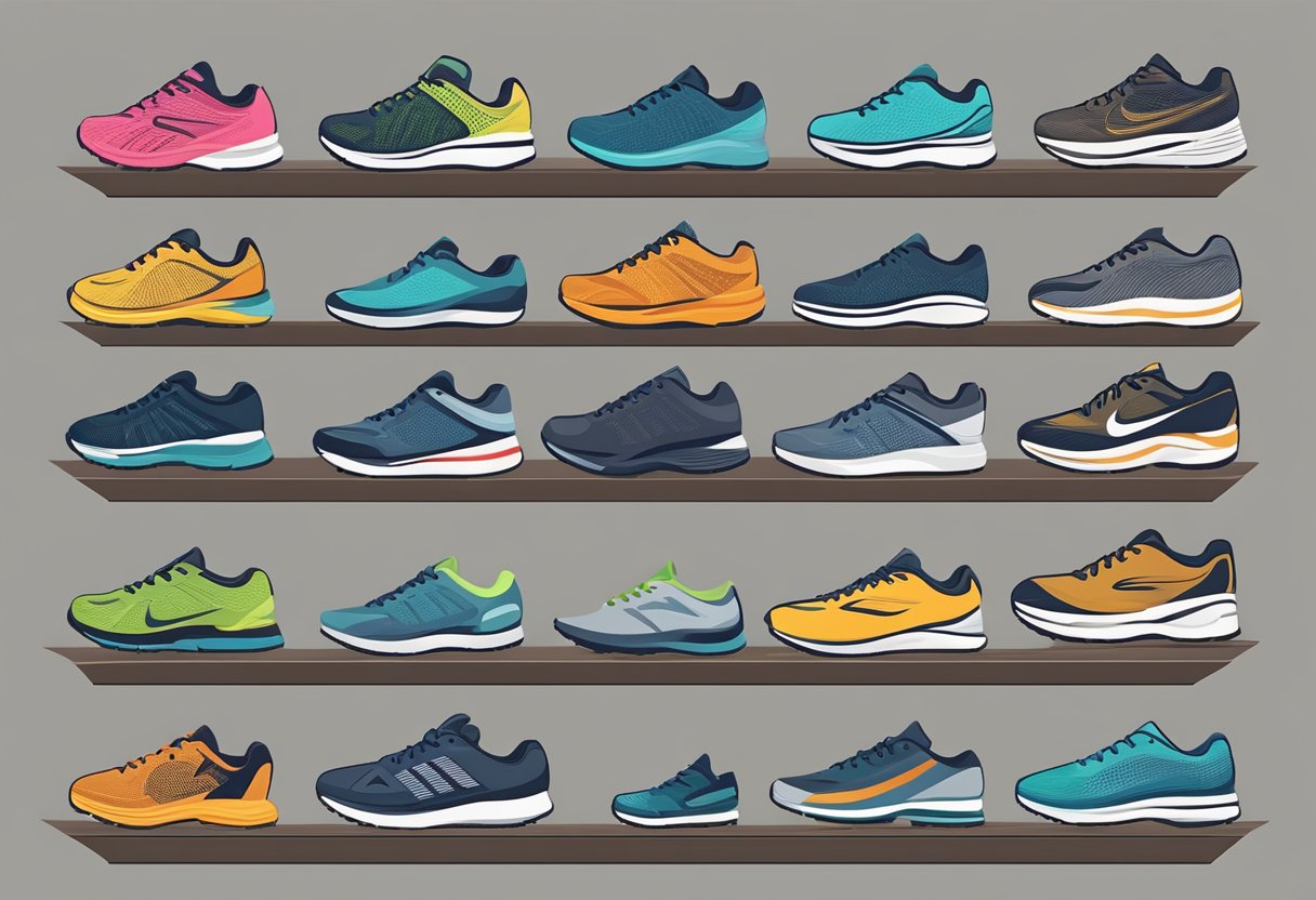 A collection of running shoes arranged in a row, each pair showcasing different cushioning variations. The background could include a running track or trail to indicate the context of when to wear each type of shoe