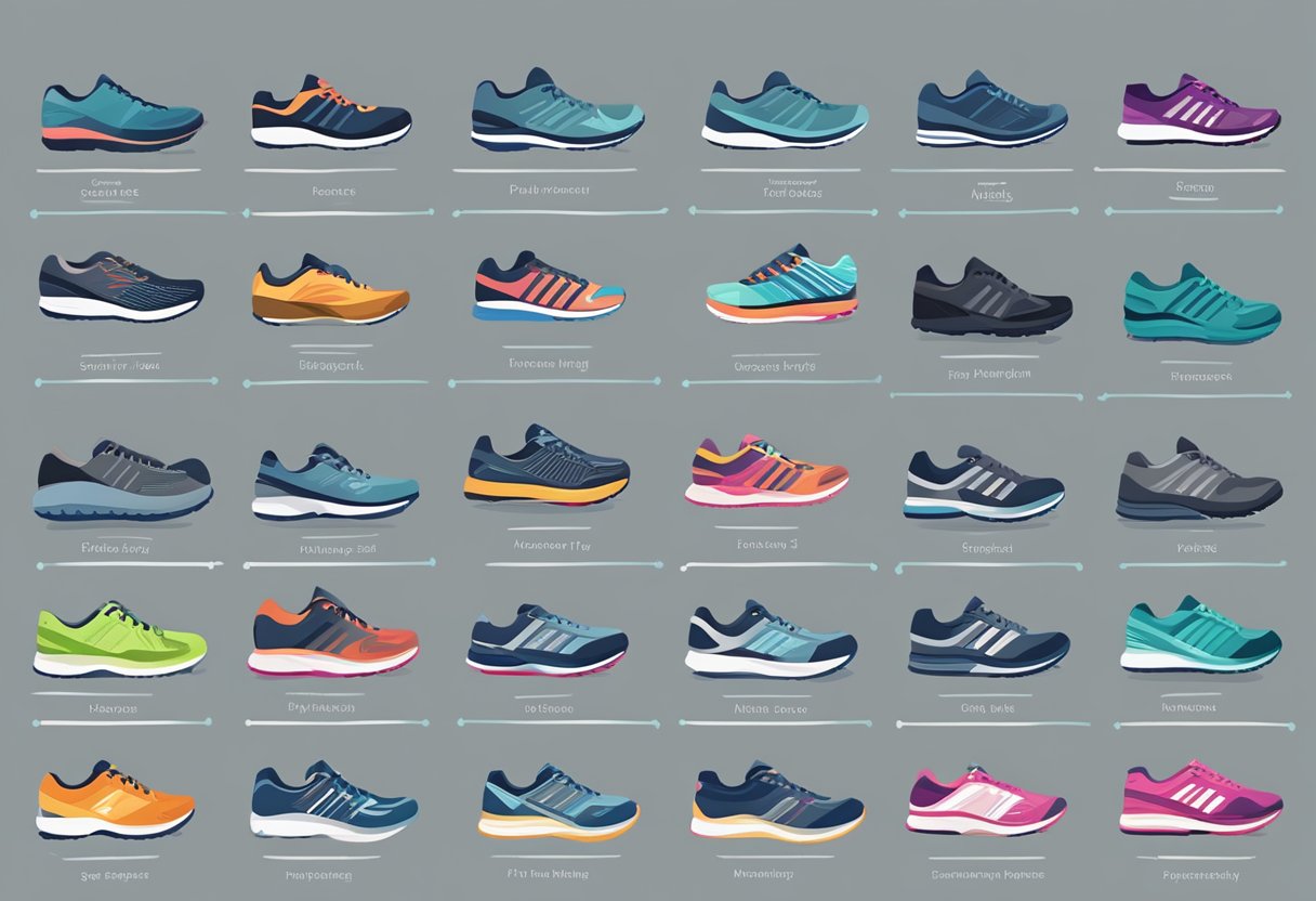 A variety of running shoes displayed with labels indicating different types and their ideal usage