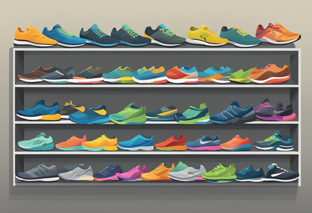 A display of various running shoes arranged on a shelf, each labeled with its specific type and recommended usage for different running conditions