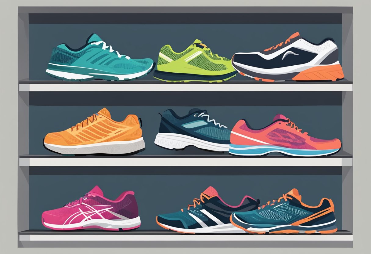 A lineup of various running shoes arranged on a shelf, with labels indicating different types such as stability, cushioning, and trail shoes