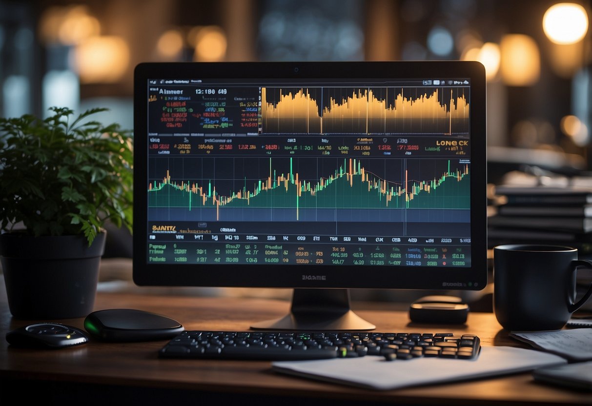 A computer screen displaying stock charts and indicators, surrounded by books on technical analysis and a notebook with handwritten trading strategies