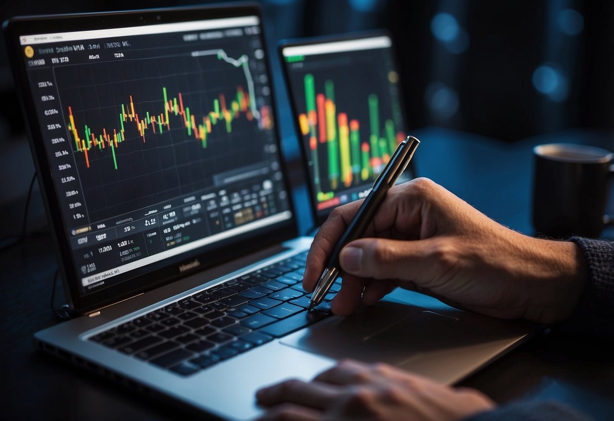 A computer screen displaying stock price charts and indicators, with a person's hand holding a pen and notebook for analysis