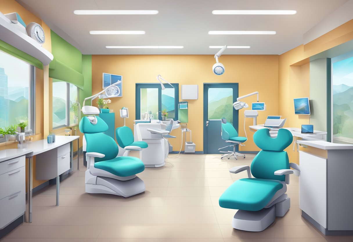 A vibrant dental office with a welcoming reception area, modern equipment, and a team of friendly staff ready to assist patients