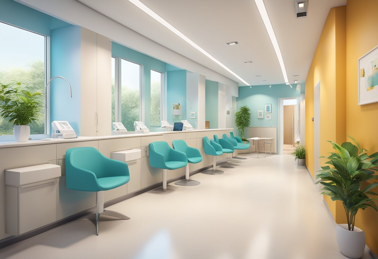 A dental office with modern equipment and friendly staff. A bright, clean waiting area with magazines and comfortable seating. Treatment rooms with state-of-the-art technology and a calming atmosphere