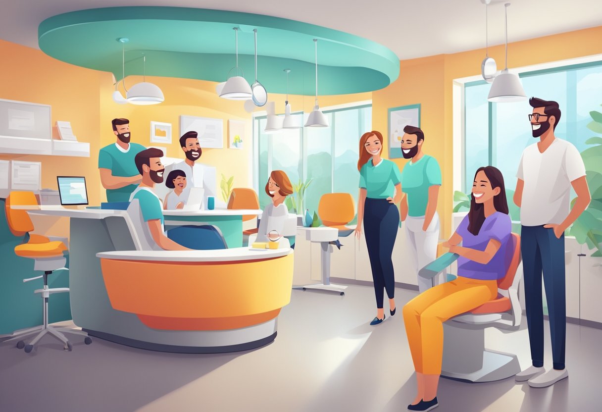 A group of people smiling and laughing in a modern dental office, with colorful decor and a welcoming atmosphere