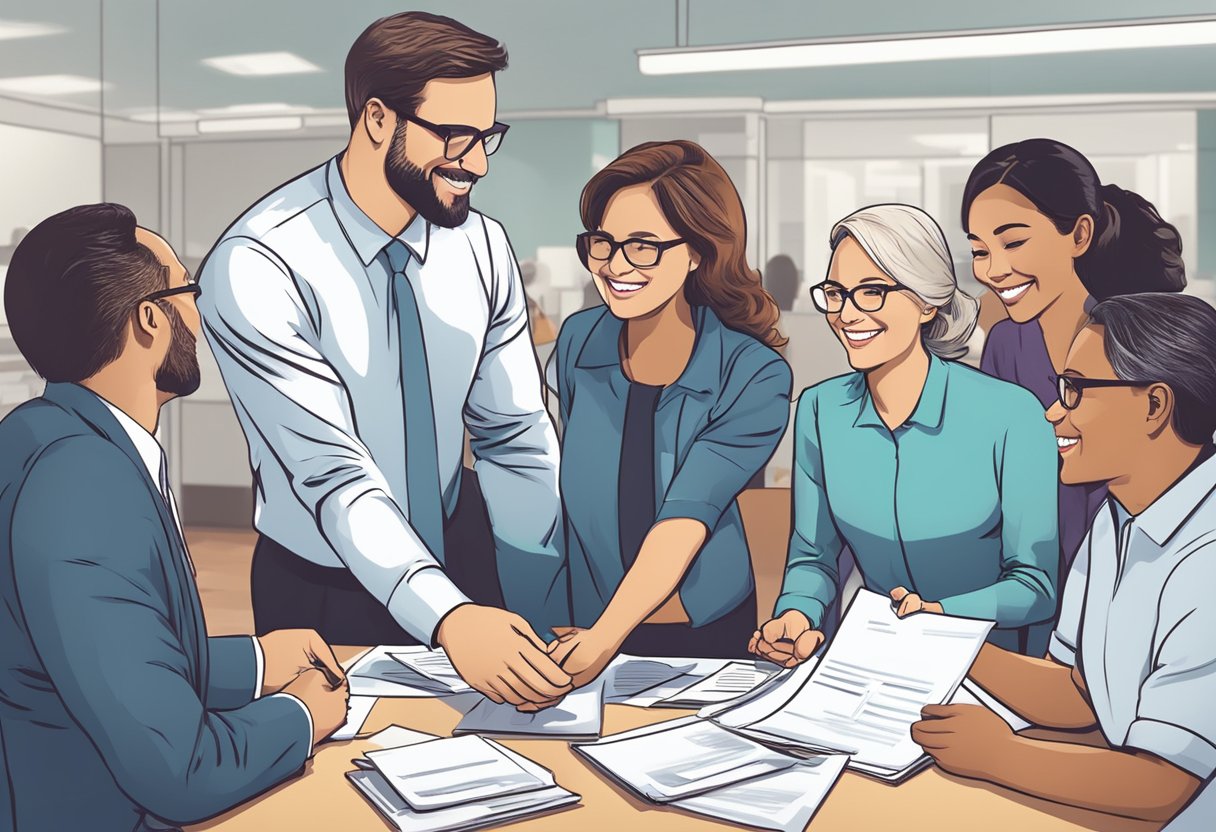 A group of people gather at Celebrate Dental Austin, exchanging paperwork and shaking hands with insurance and financing representatives