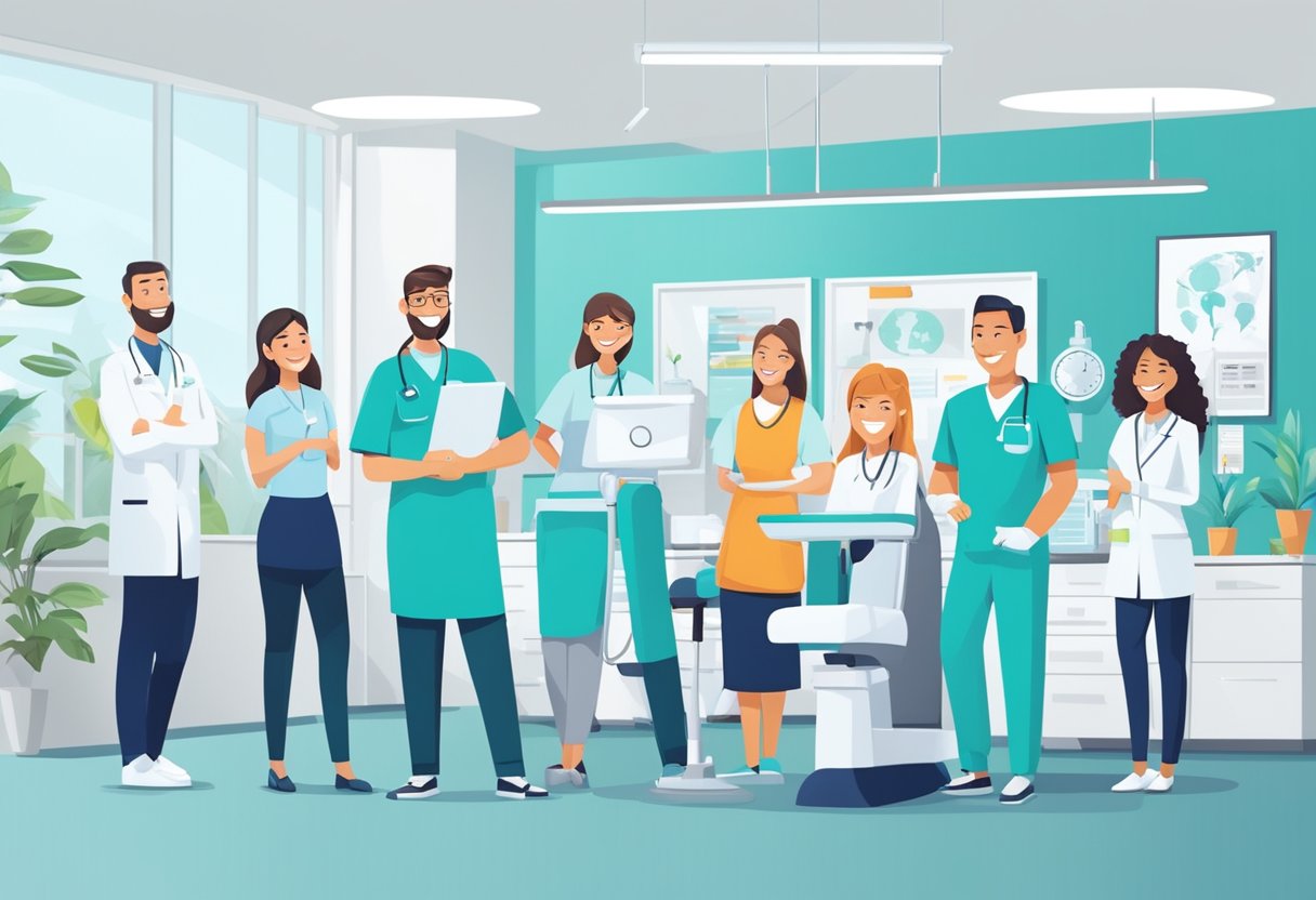 A group of dental professionals gather in a bright, modern office. Smiling faces, dental tools, and a celebratory banner adorn the space