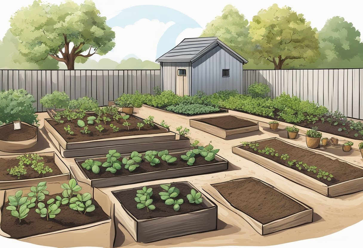 A sunny central Texas garden with rich soil, a shovel, and a basket of seed potatoes ready to be planted in early spring