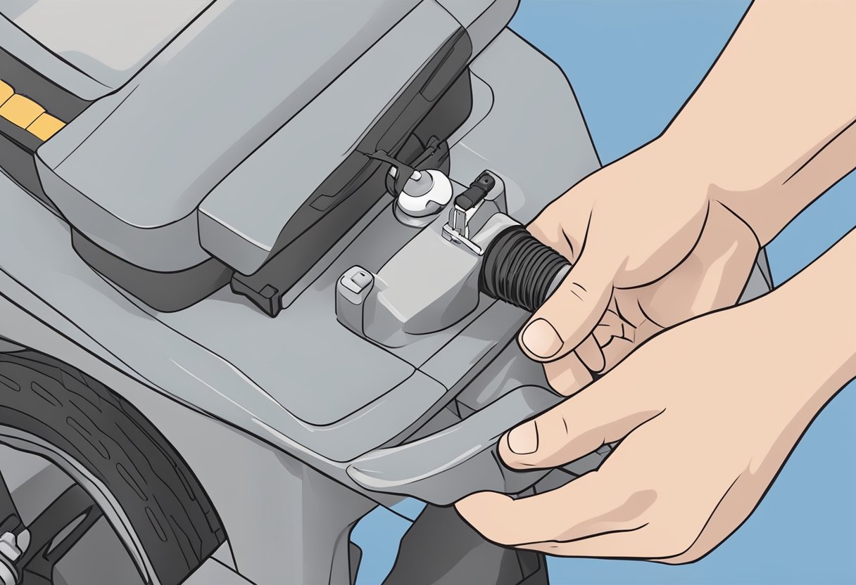 A hand reaches for the brake adjustment knob on a rollator. The tension is being adjusted to ensure the brakes lock securely