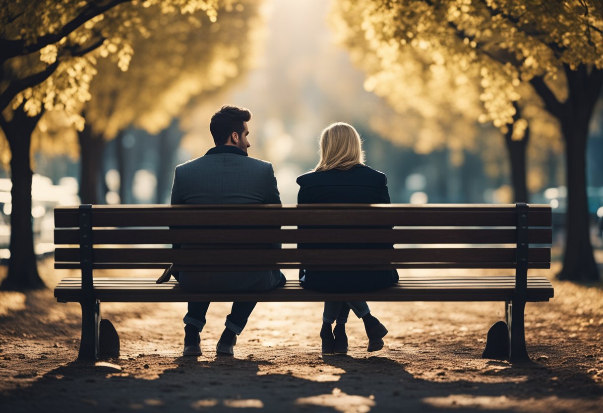 A couple sitting on a park bench, facing each other with sad expressions. A broken heart symbol hovering between them, with roots entwined around their feet