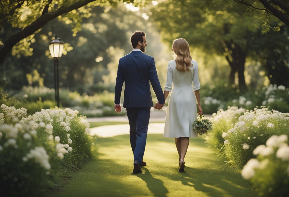 A couple holding hands while walking through a peaceful garden, symbolizing the strengthening of their marital bond and the healing of their relationship