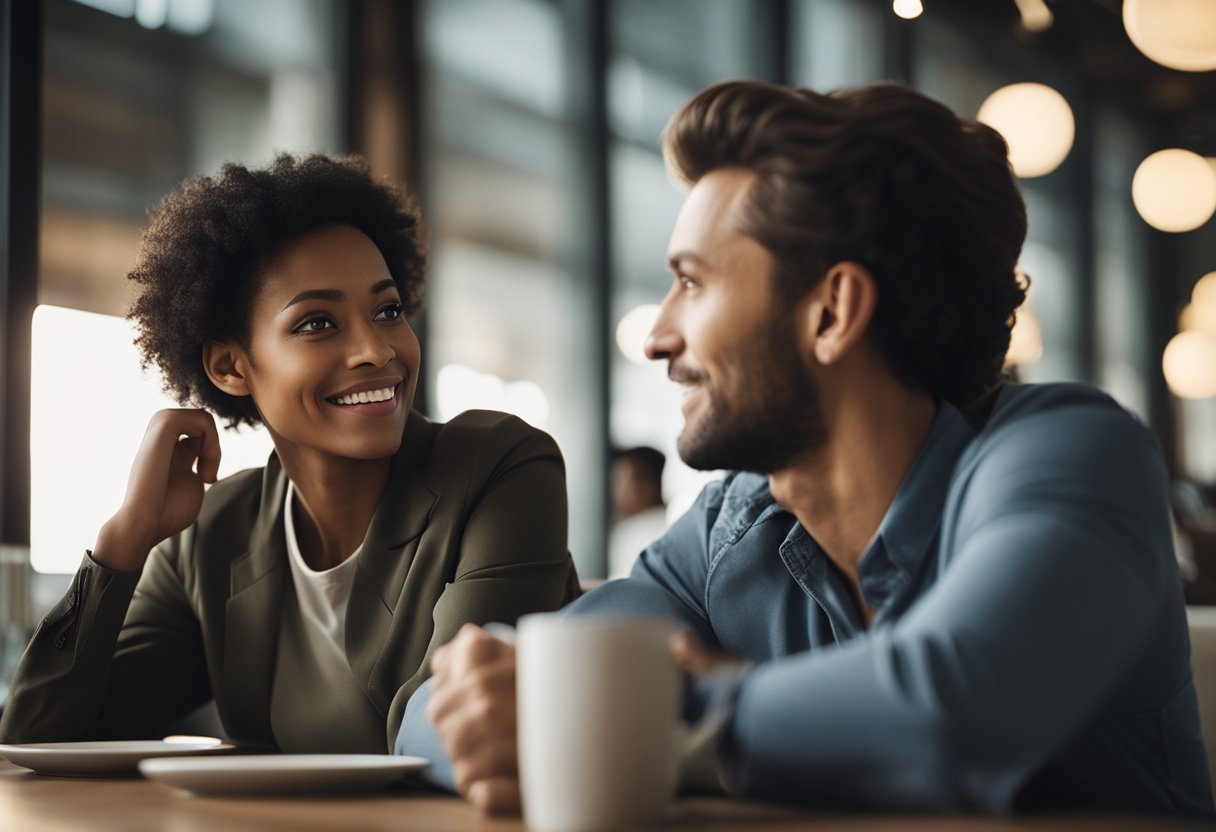 A couple sitting across from each other, talking and listening attentively, with a calm and peaceful atmosphere in the room