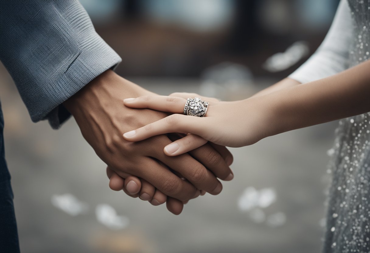 A couple holding hands, surrounded by broken pieces mended together, symbolizing the process of rebuilding trust and healing their marriage