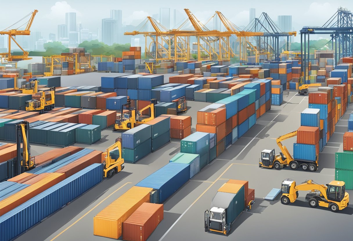A bustling industrial site with machinery and shipping containers at Angliss Singapore