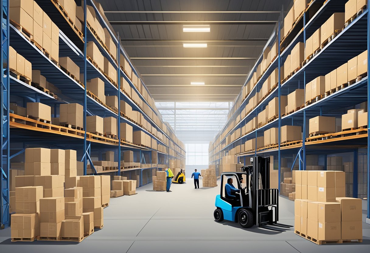 A bustling warehouse filled with crates and pallets, with workers moving about, and forklifts navigating the aisles at Angliss Singapore