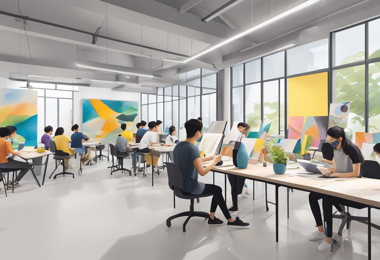 The art school in Singapore buzzes with creativity as students work on paintings, sculptures, and digital designs in a bright, modern studio space