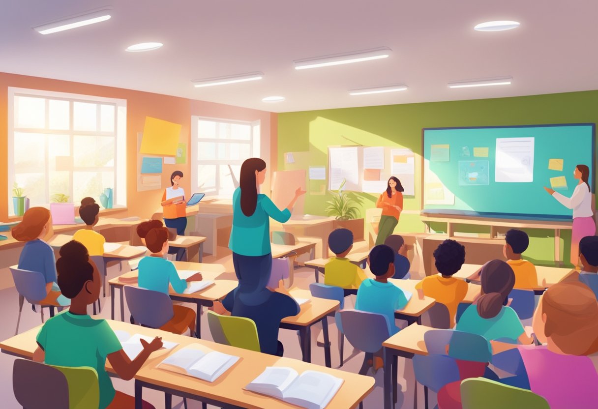 A classroom filled with engaged students, surrounded by colorful educational materials and technology, with a passionate teacher leading the lesson