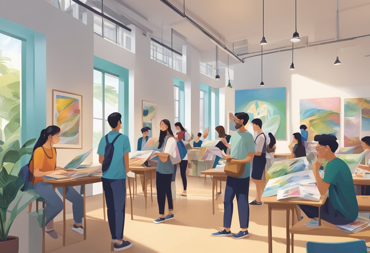 Students browsing through brochures, discussing with faculty, and observing artworks in a vibrant art school campus in Singapore