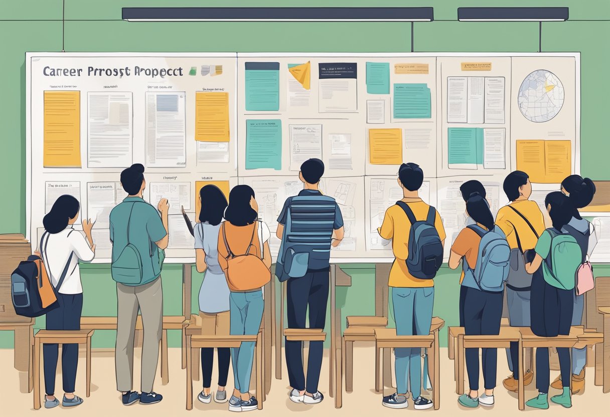 A group of students eagerly gather around a bulletin board, reading and discussing various admission and career prospects at an art school in Singapore
