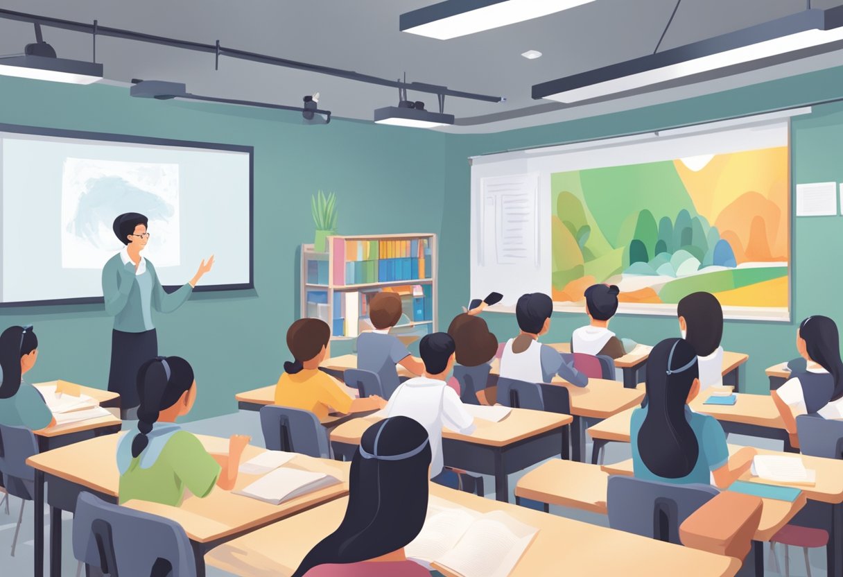 A classroom setting with students and a teacher discussing and asking questions about art school in Singapore