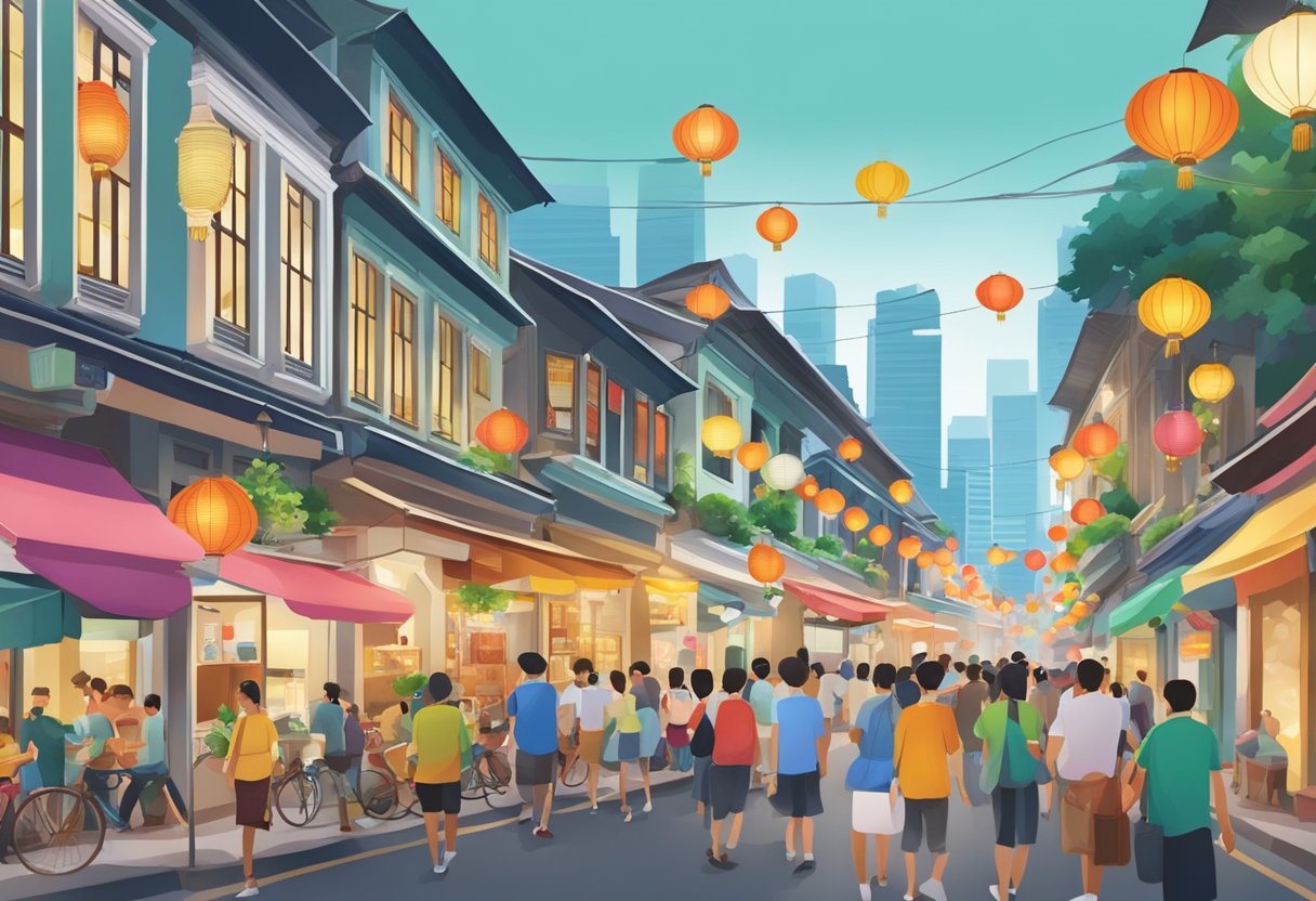 A bustling street in Singapore, with colorful shophouses and lanterns, filled with people and the sound of traffic
