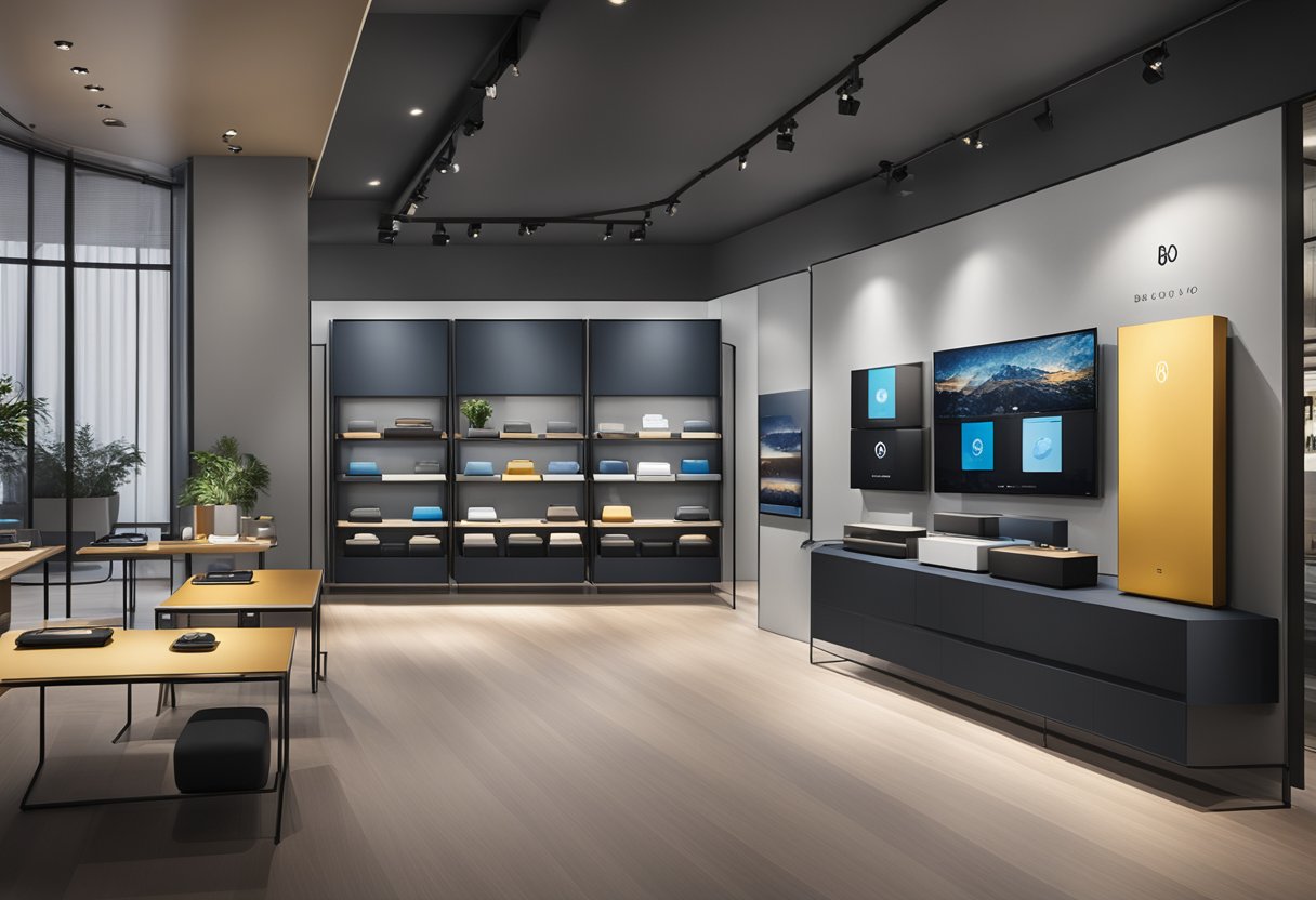 A sleek display of B&O products in a modern Singapore showroom