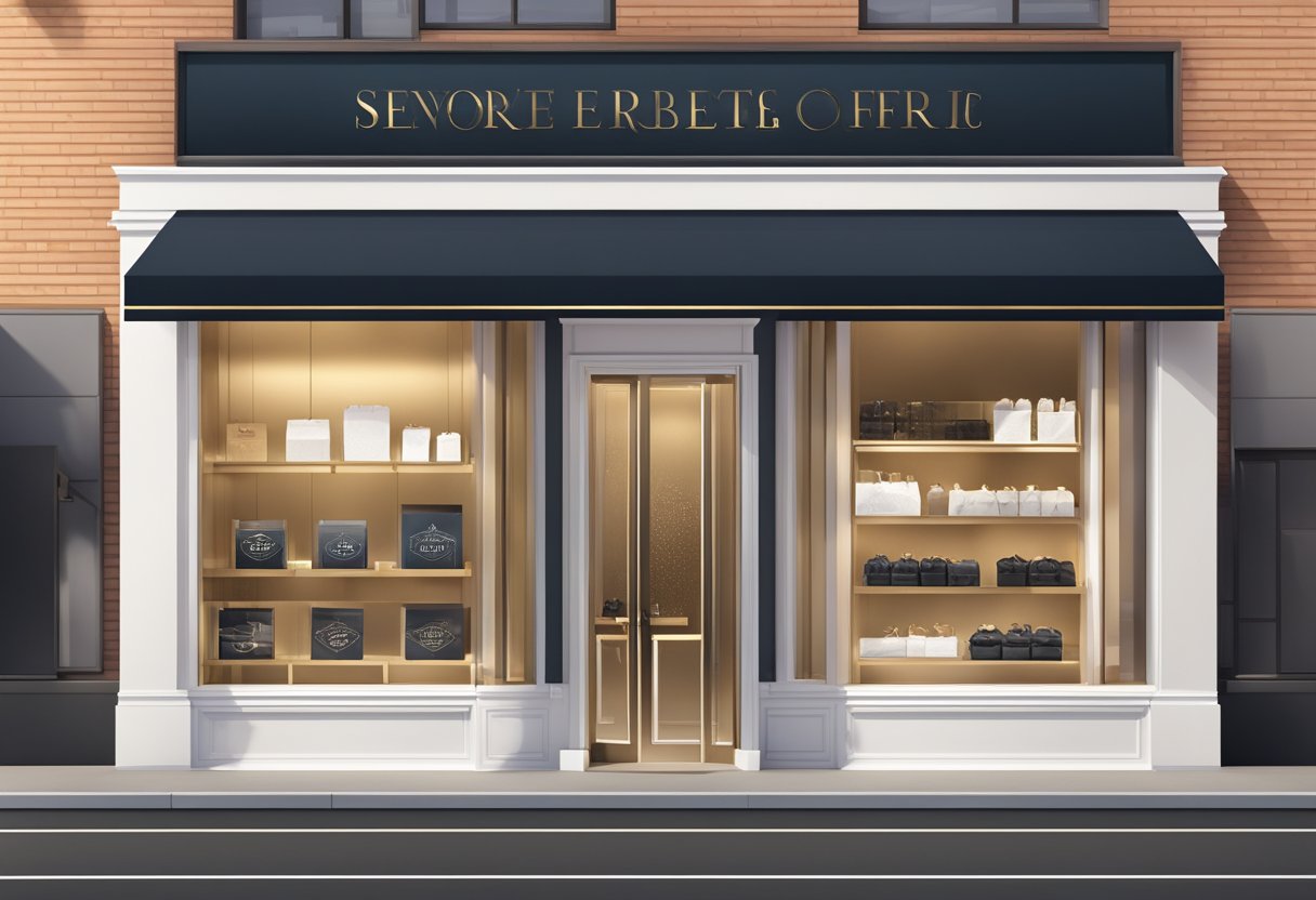 A luxurious storefront with a sleek, modern design, displaying exclusive offers and community benefits signage