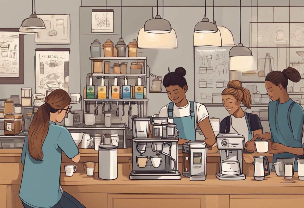 A cluttered coffee bar with various brewing equipment, bags of beans, and instructional posters. A barista demonstrates pouring latte art while students take notes