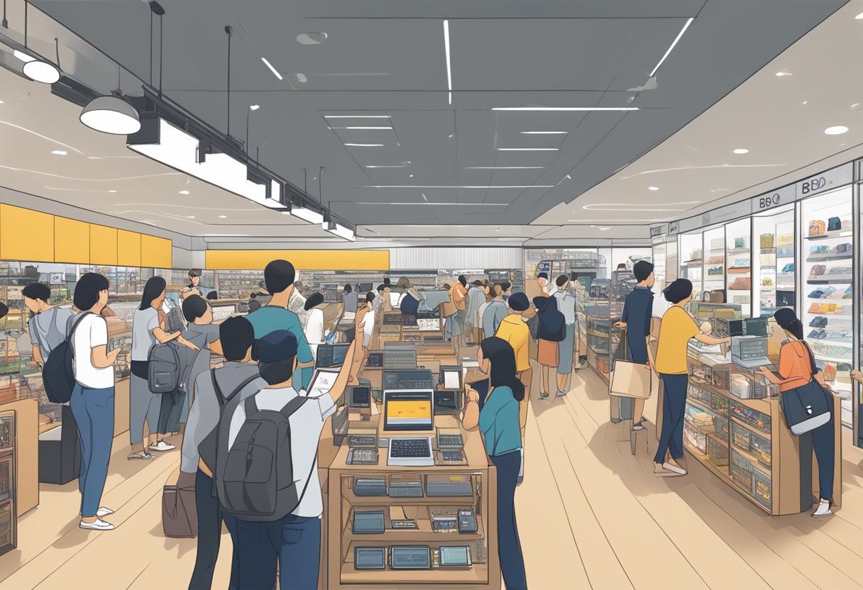 A crowded store with people asking questions at a B&O Singapore store. Displays of electronics and signage for FAQ
