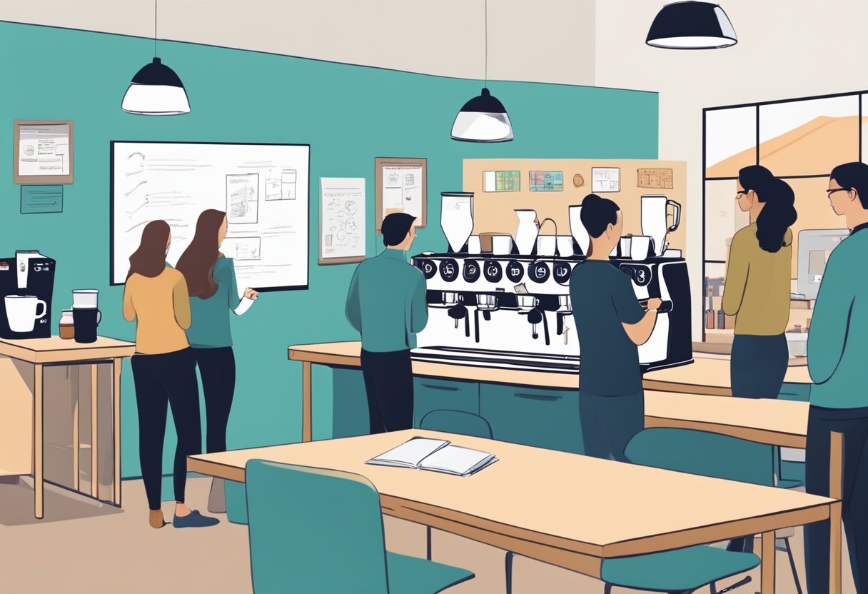 A classroom with coffee machines, a whiteboard showing barista course details, and students practicing latte art